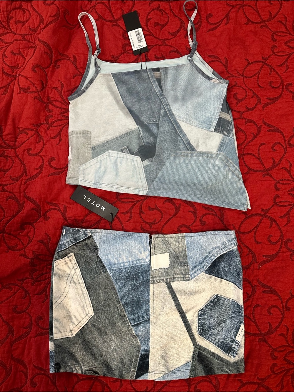 Dolls Kill Motel Denim Patchwork Mini Skirt Set in Light Blue, White and Gray